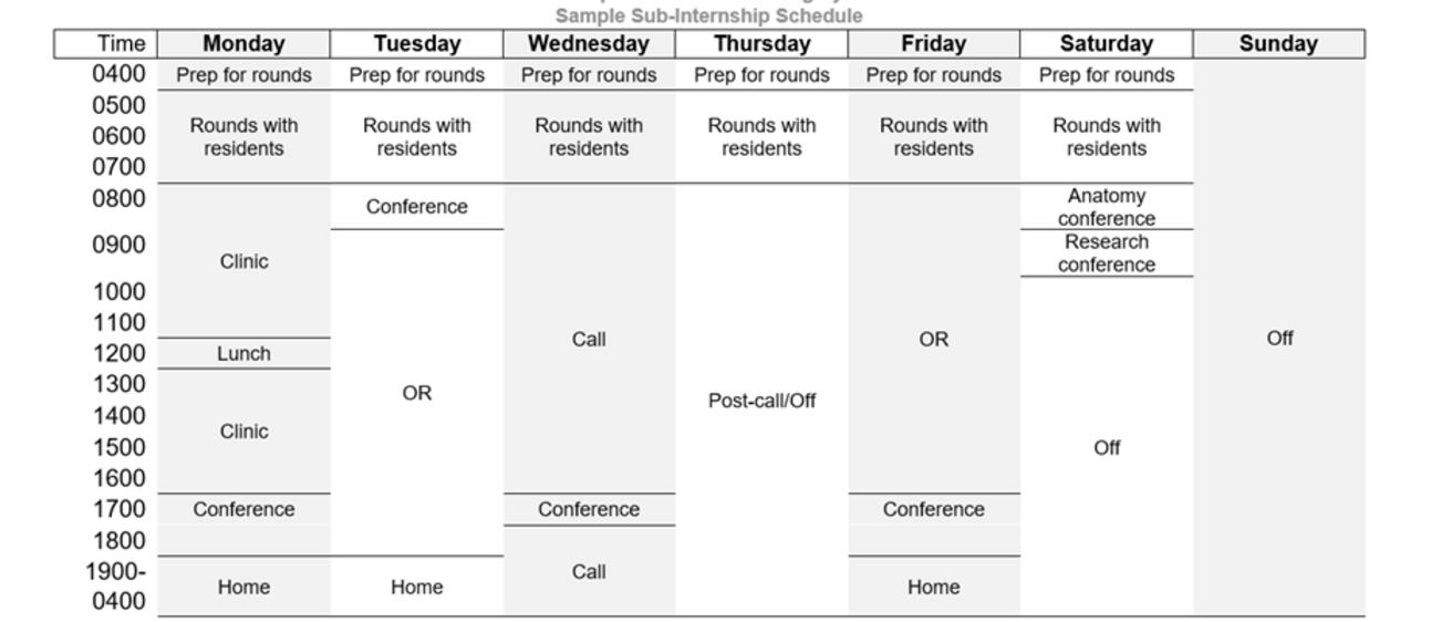 A graphic showing the sub-internship sample schedule